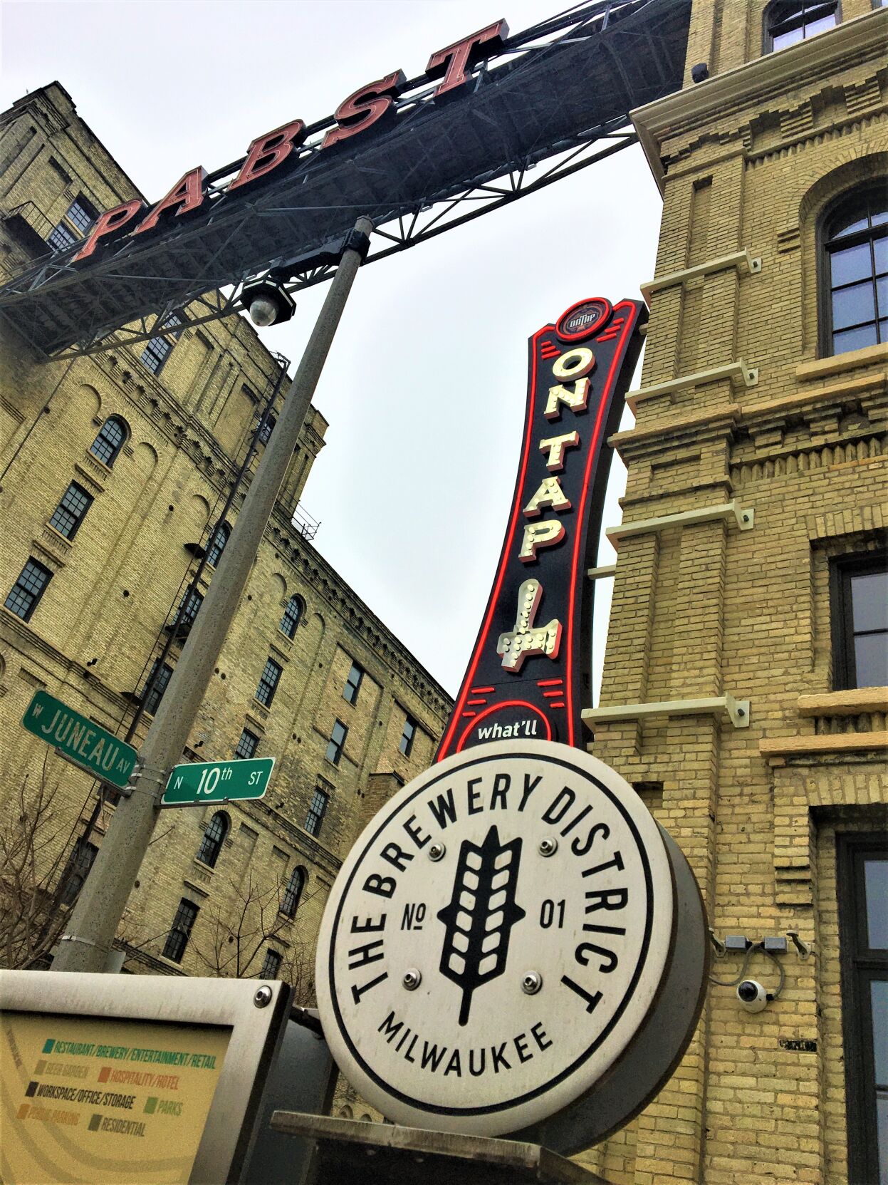 The Brewery District sign of the redeveloped former Pabst Brewing Co. complex at North 10th Street and West Juneau Avenue in downtown Milwaukee